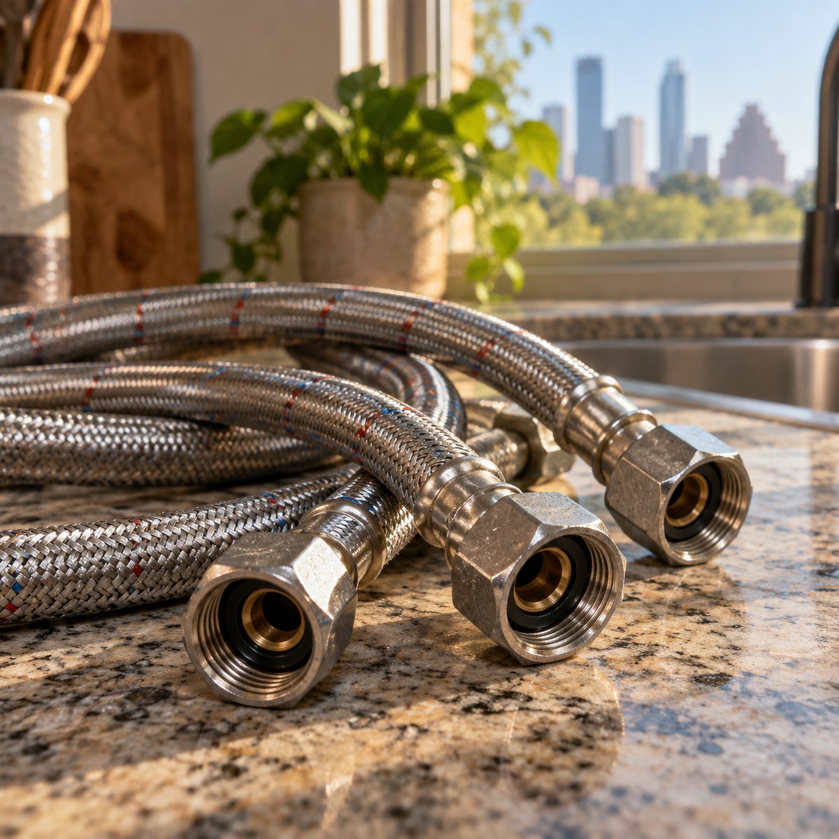 Coiled braided supply lines with compression nuts
