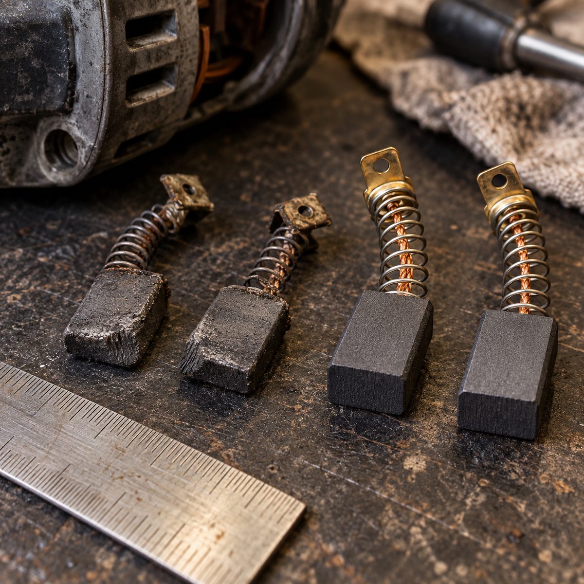 Worn and new carbon brushes beside a steel ruler