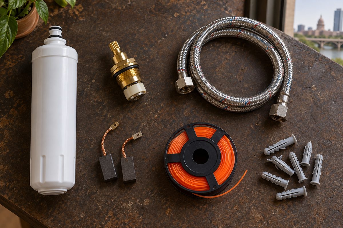 Water filter, faucet cartridge, supply line, carbon brushes, trimmer line and anchors