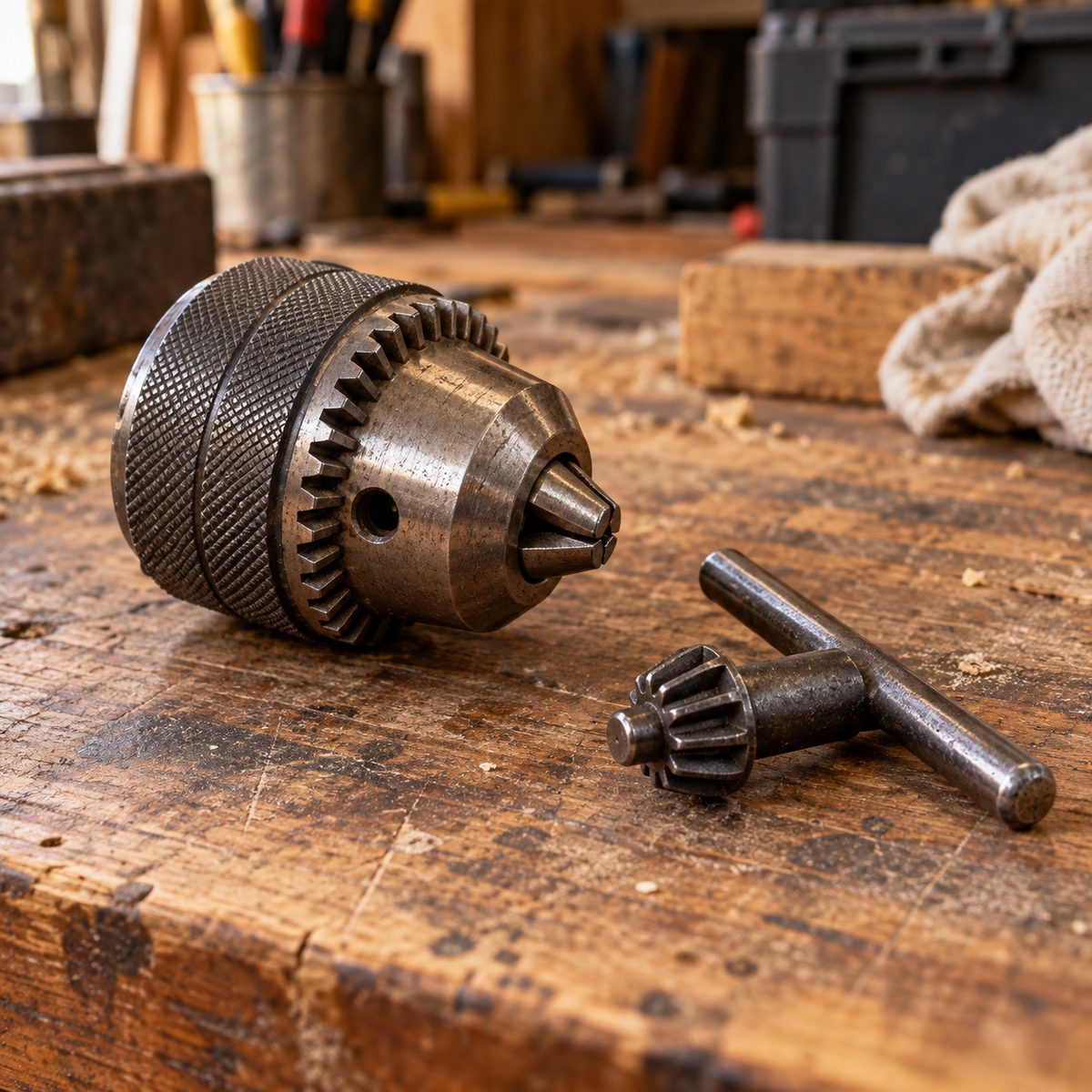 Keyed drill chuck and chuck key on a bench