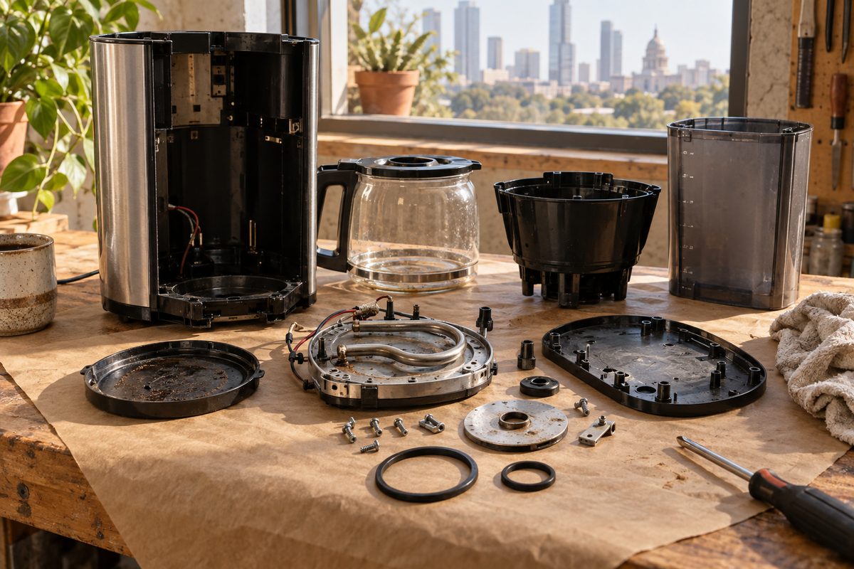 Coffee maker disassembled on kraft paper with parts laid out in order