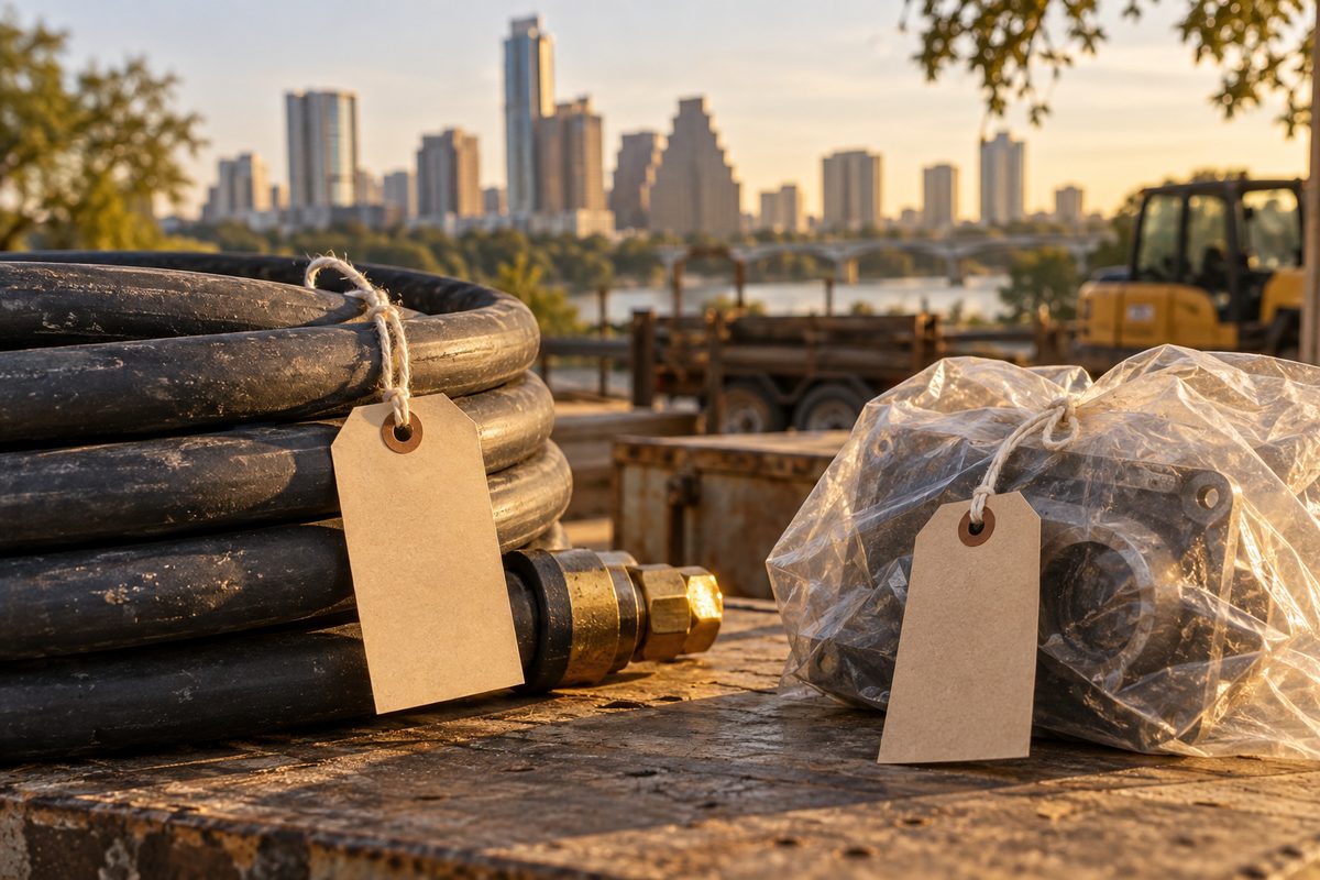 Kraft tags tied to a coiled hose and a bagged part