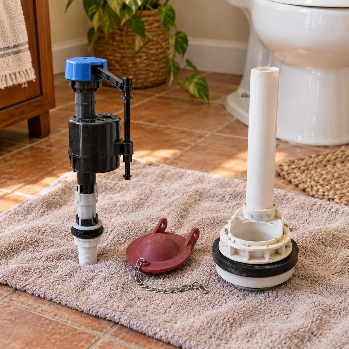 Toilet fill valve, flapper and flush valve laid out on a towel