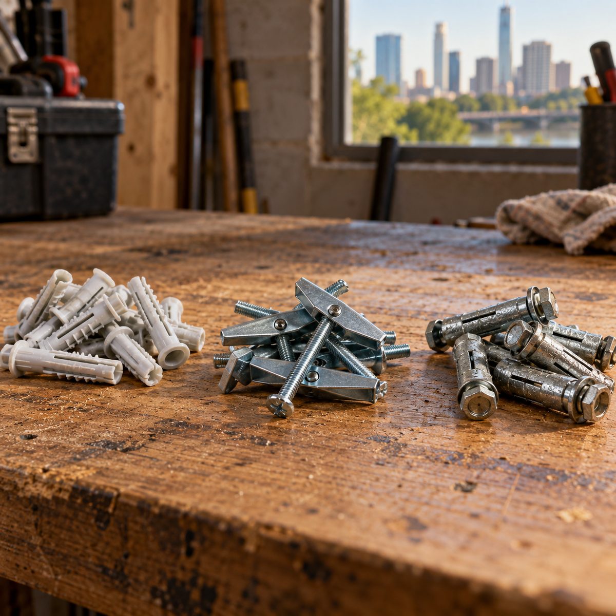 Drywall anchors, toggle bolts and masonry sleeve anchors in piles